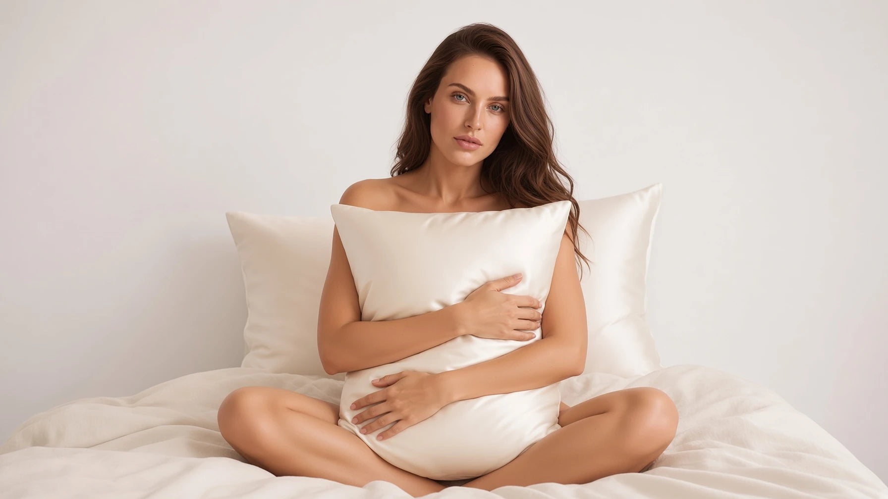 model in bed with silk pillowcase